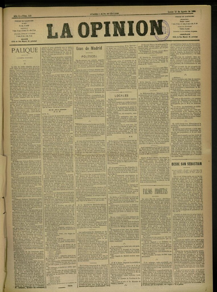 Miniatura de La Opinión del 16 de agosto de 1886, nº 105