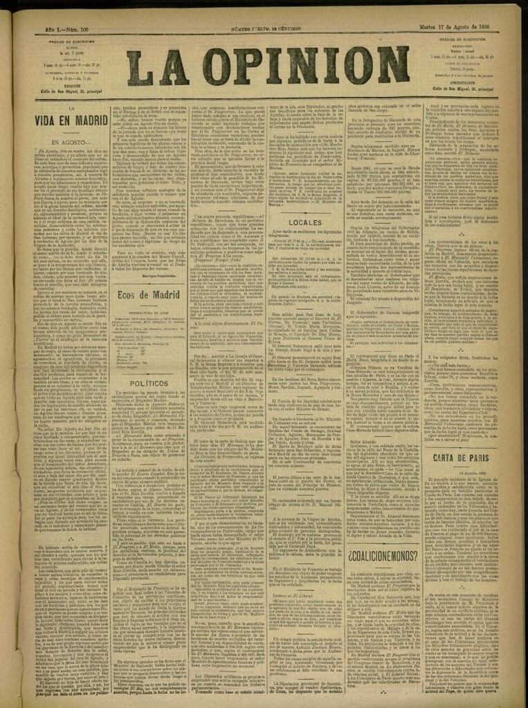 Miniatura de La Opinión del 17 de agosto de 1886, nº 106