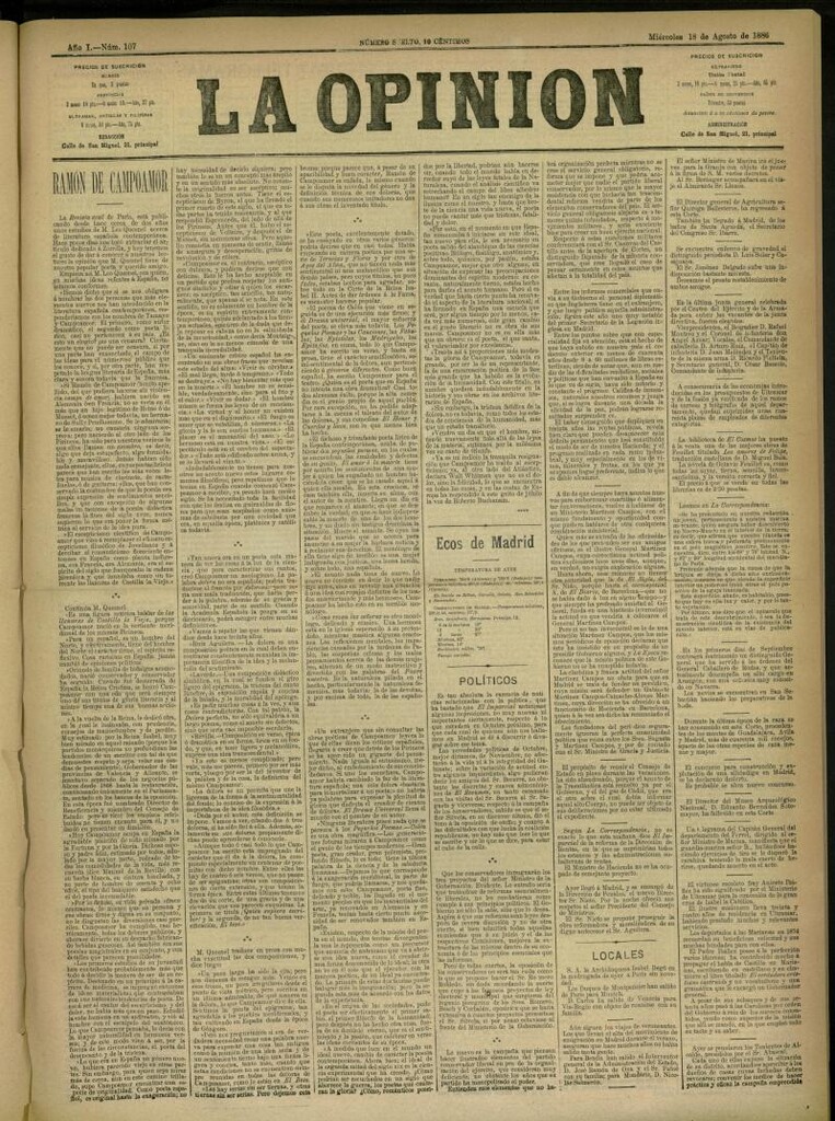 Miniatura de La Opinión del 18 de agosto de 1886, nº 107