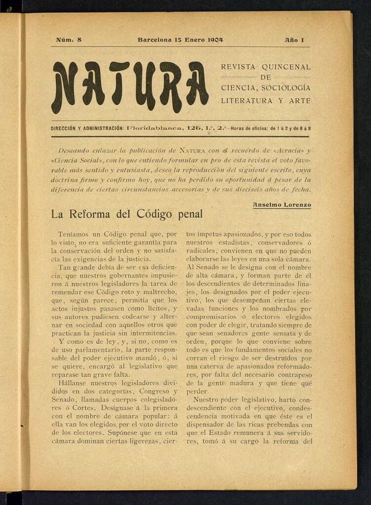 Miniatura de Natura : revista quincenal de ciencia, sociología, literatura y arte del 15 de enero de 1904