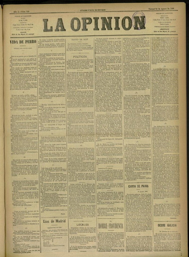 Miniatura de La Opinión del 20 de agosto de 1886, nº 109