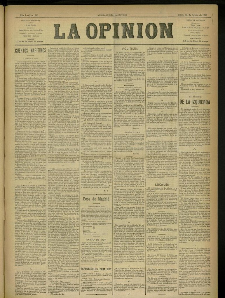 Miniatura de La Opinión del 21 de agosto de 1886, nº 110