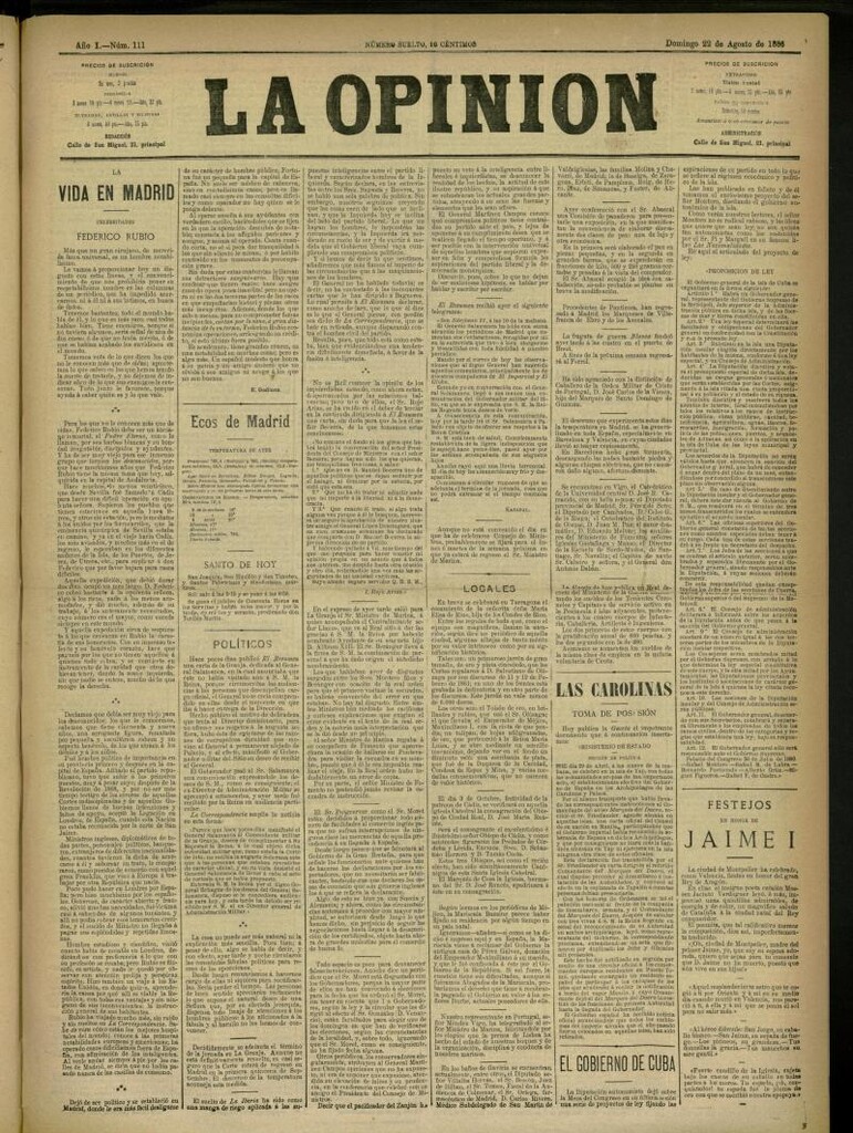 Miniatura de La Opinión del 22 de agosto de 1886, nº 111