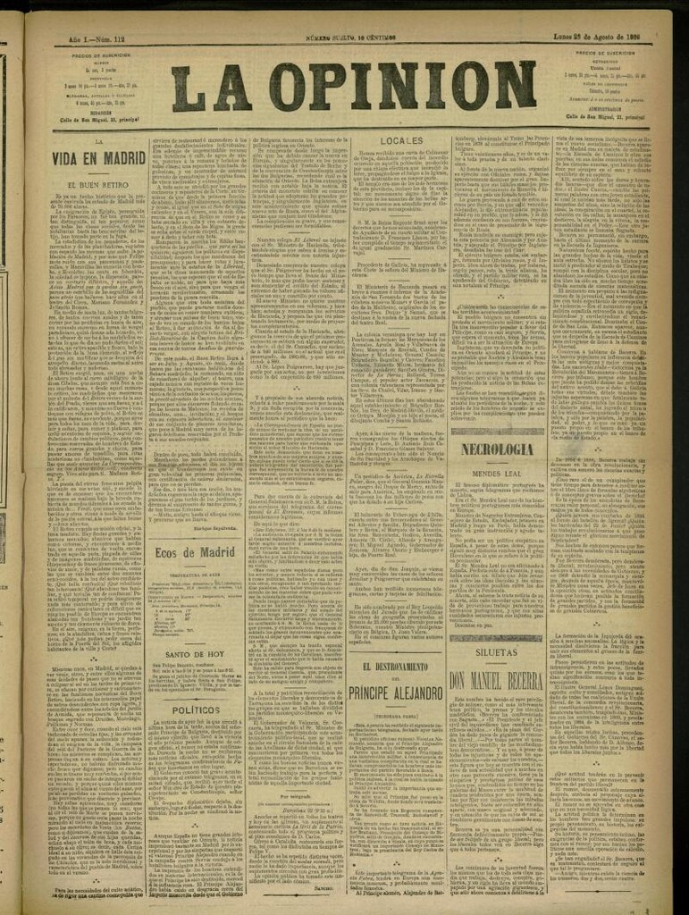Miniatura de La Opinión del 23 de agosto de 1886, nº 112