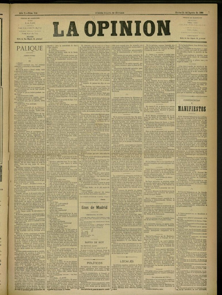 Miniatura de La Opinión del 24 de agosto de 1886, nº 113