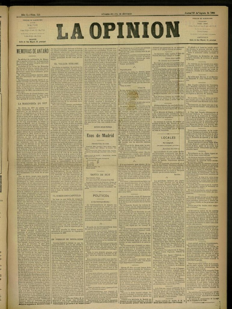 Miniatura de La Opinión del 26 de agosto de 1886, nº 115