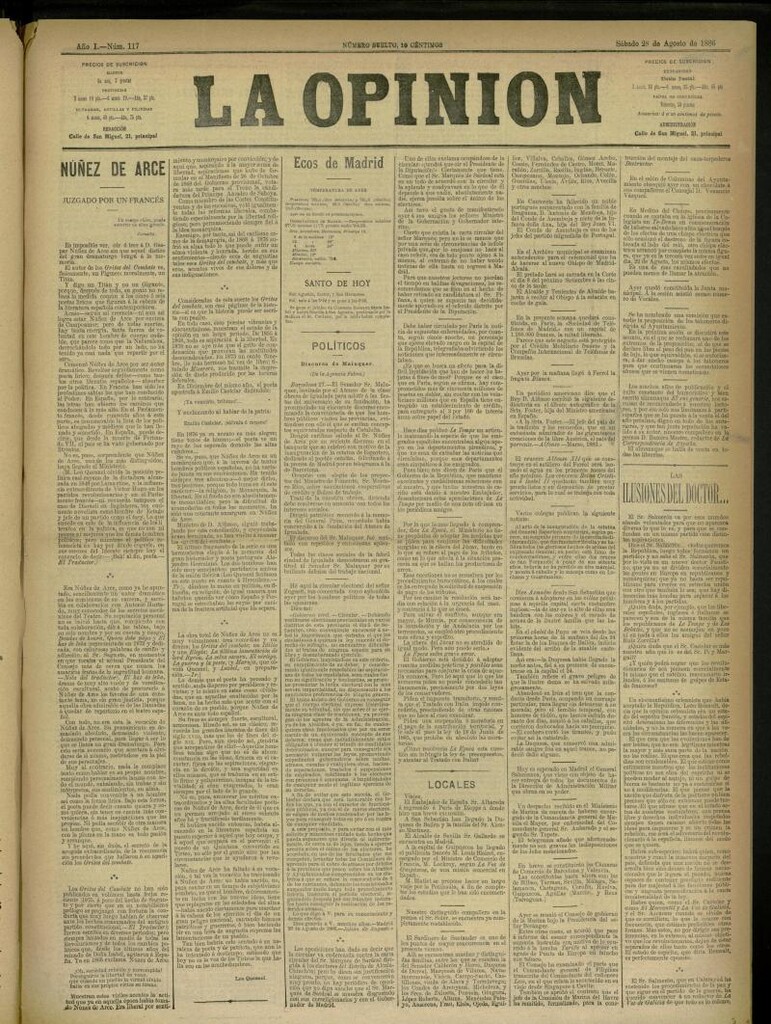 Miniatura de La Opinión del 28 de agosto de 1886, nº 117