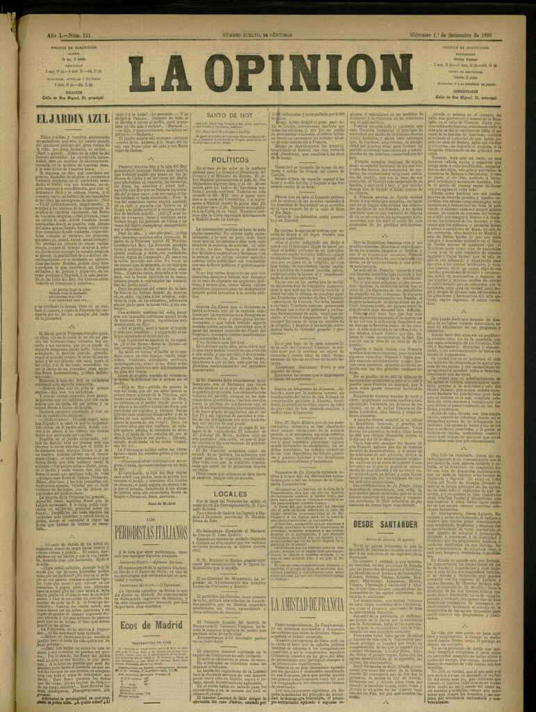 Miniatura de La Opinión del 1 de septiembre de 1886, nº 121