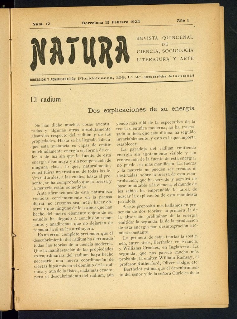 Miniatura de Natura : revista quincenal de ciencia, sociología, literatura y arte del 15 de febrero de 1904