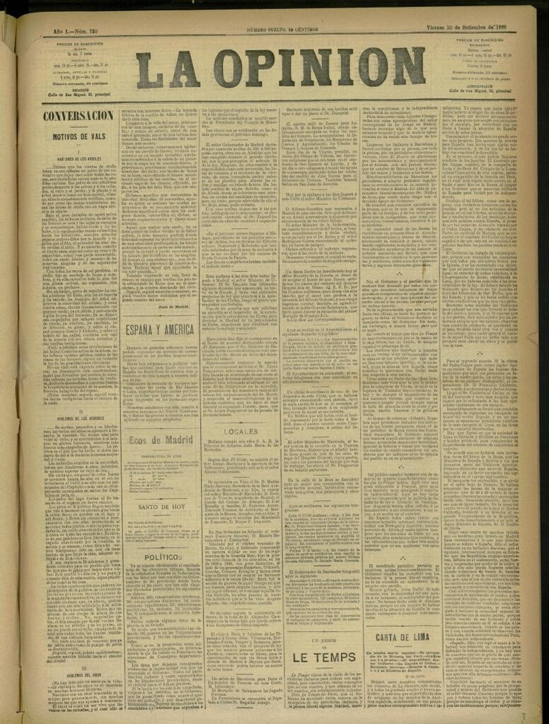 Miniatura de La Opinión del 10 de septiembre de 1886, nº 130