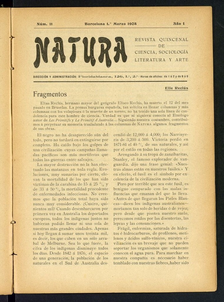 Miniatura de Natura : revista quincenal de ciencia, sociología, literatura y arte del 1 de marzo de 1904
