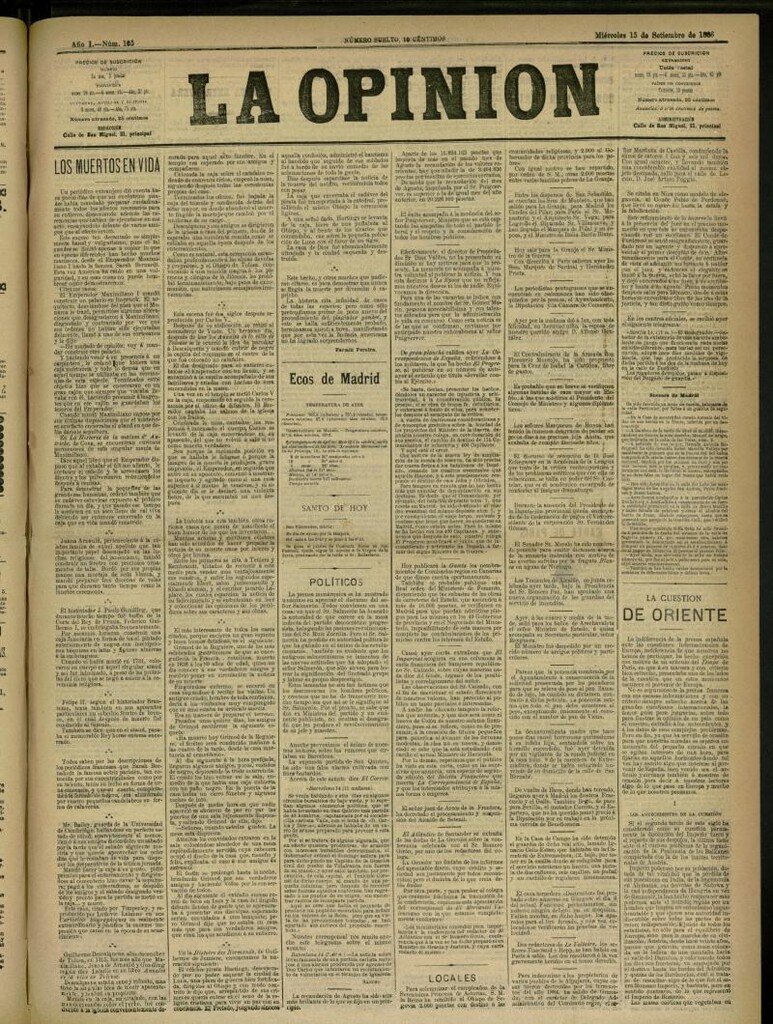 Miniatura de La Opinión del 15 de septiembre de 1886, nº 135