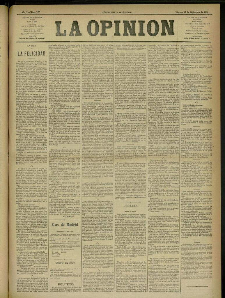 Miniatura de La Opinión del 17 de septiembre de 1886, nº 137