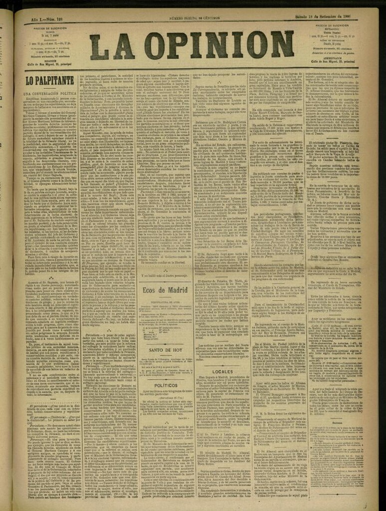 Miniatura de La Opinión del 18 de septiembre de 1886, nº 138
