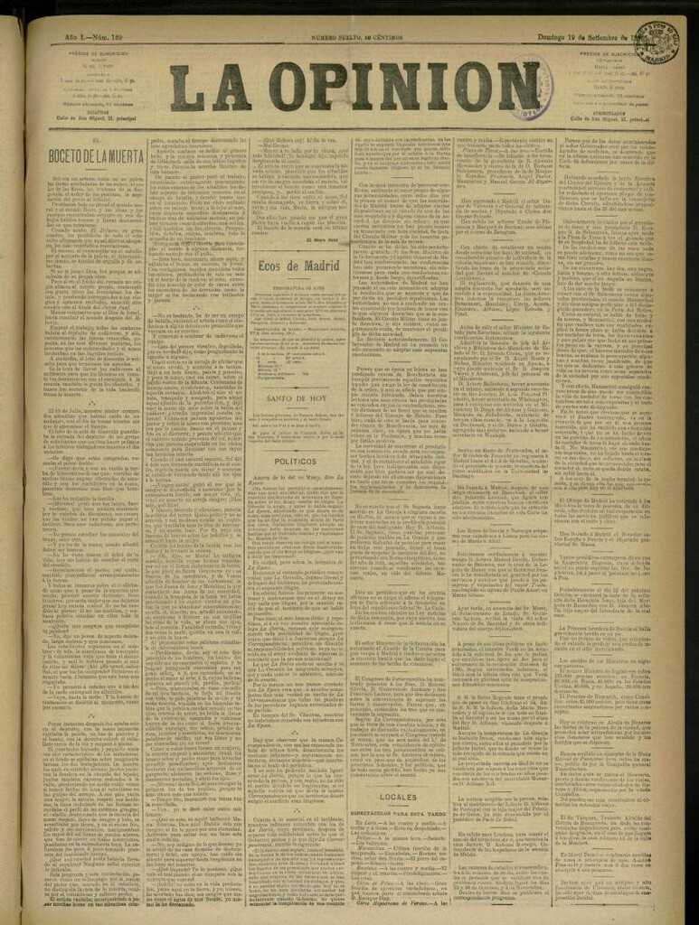 Miniatura de La Opinión del 19 de septiembre de 1886, nº 139