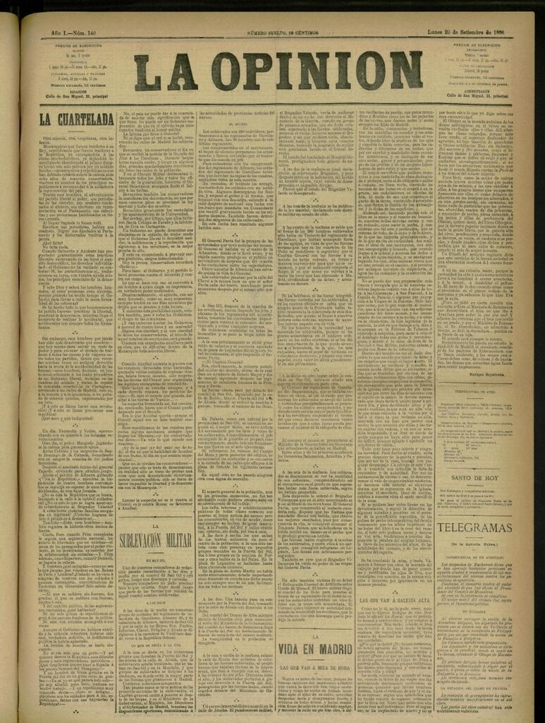 Miniatura de La Opinión del 20 de septiembre de 1886, nº 140