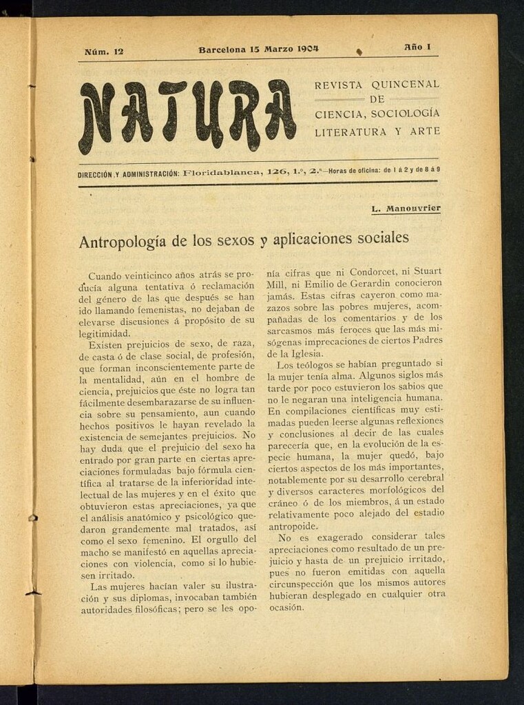 Miniatura de Natura : revista quincenal de ciencia, sociología, literatura y arte del 15 de marzo de 1904