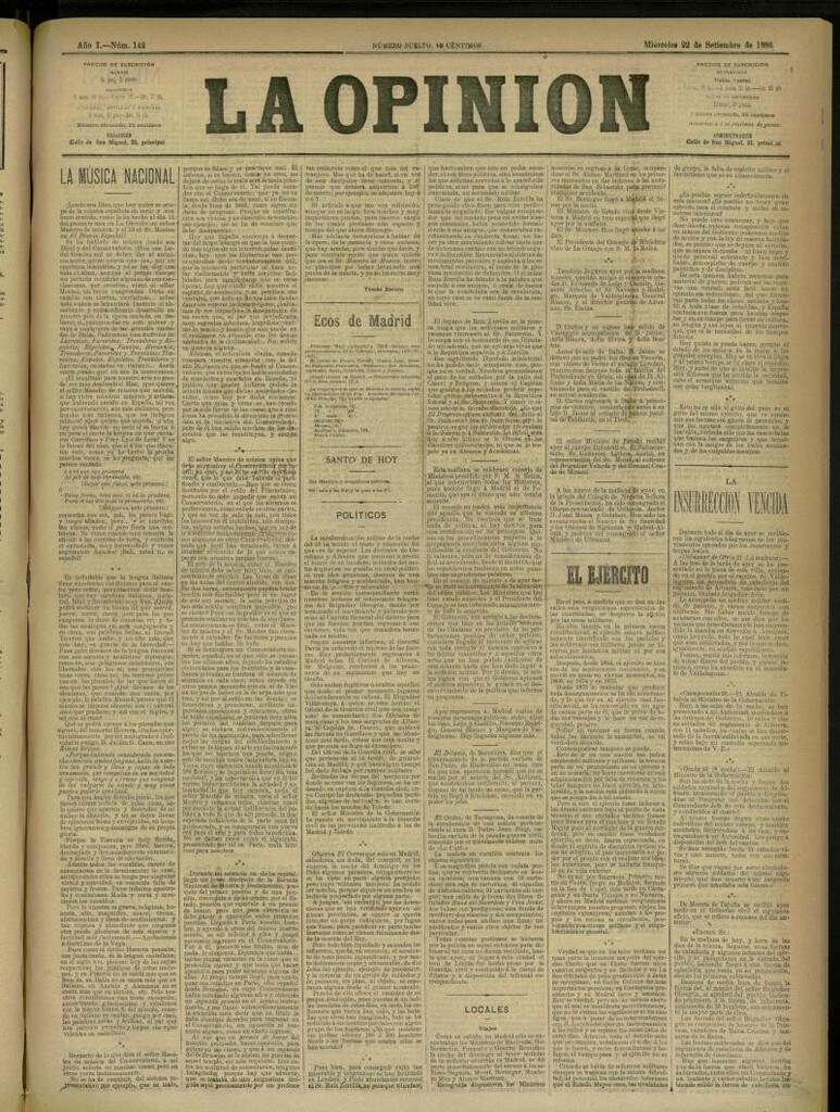 Miniatura de La Opinión del 22 de septiembre de 1886, nº 142