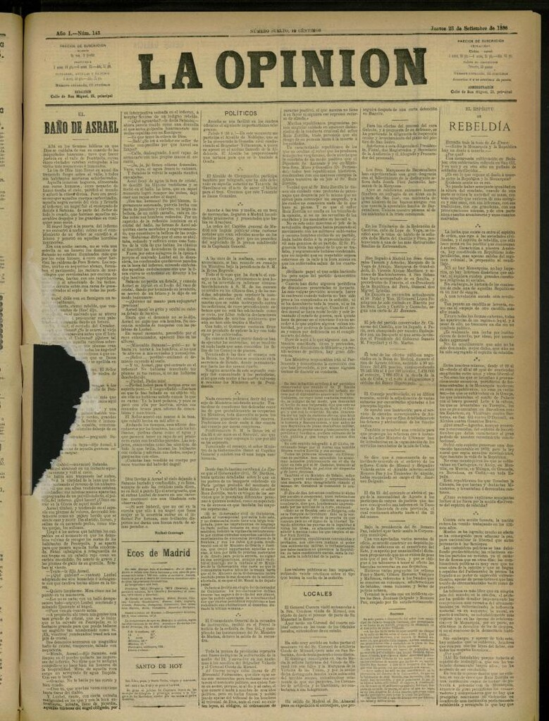 Miniatura de La Opinión del 23 de septiembre de 1886, nº 143