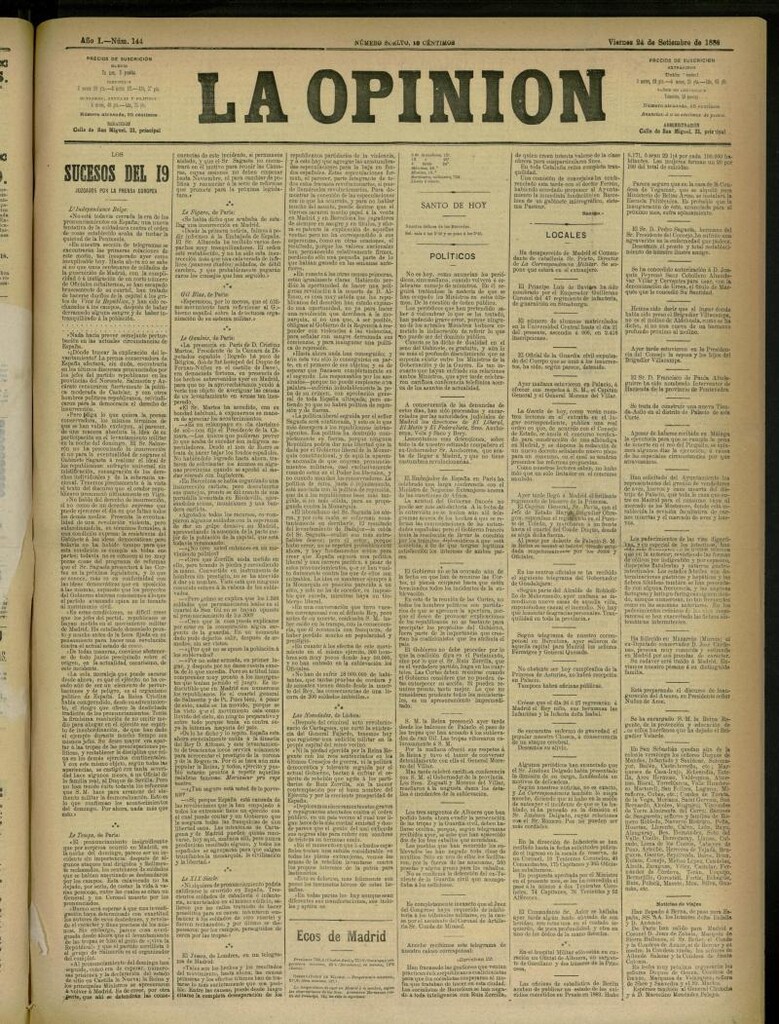 Miniatura de La Opinión del 24 de septiembre de 1886, nº 144