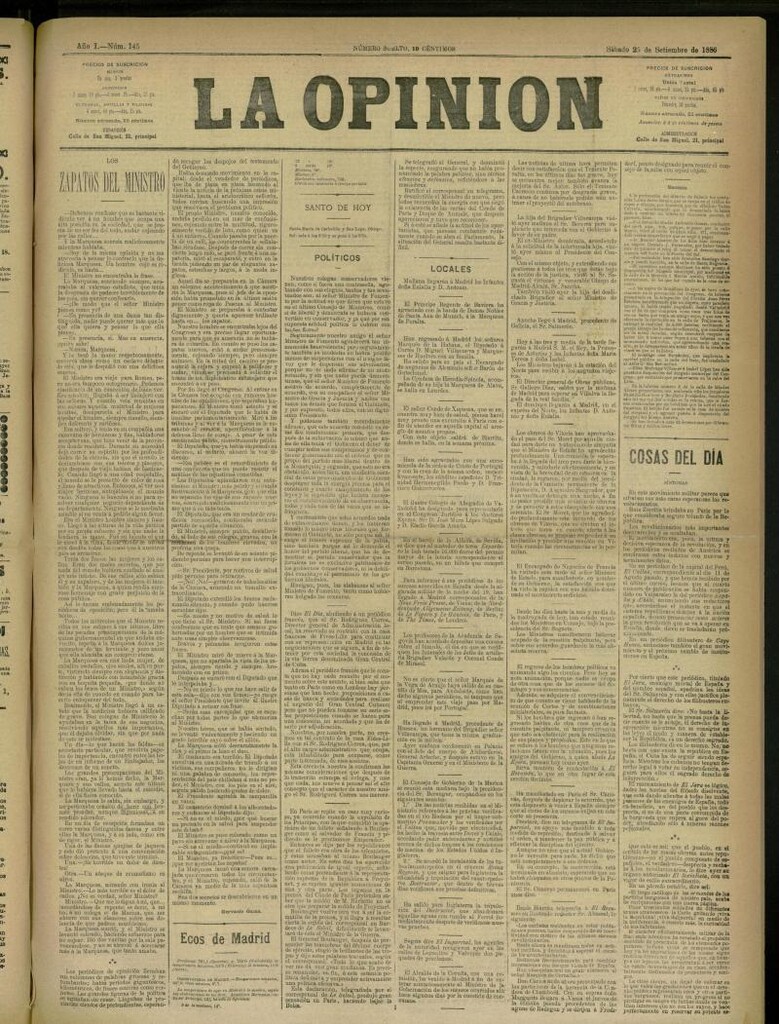 Miniatura de La Opinión del 25 de septiembre de 1886, nº 145