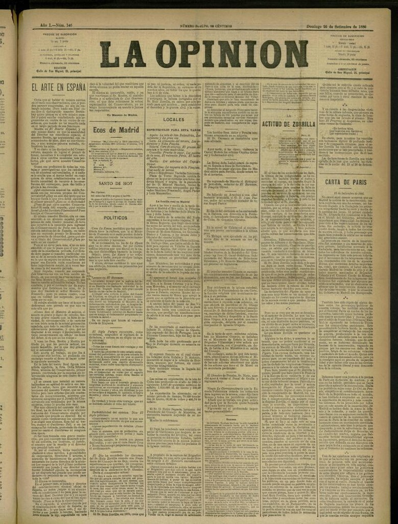 Miniatura de La Opinión del 26 de septiembre de 1886, nº 146