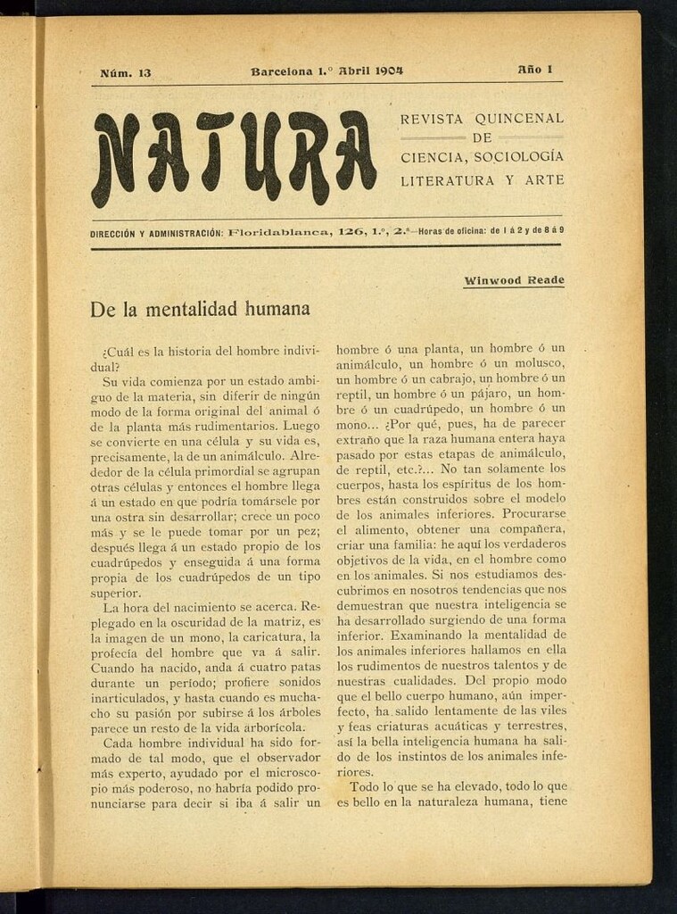 Miniatura de Natura : revista quincenal de ciencia, sociología, literatura y arte del 1 de abril de 1904