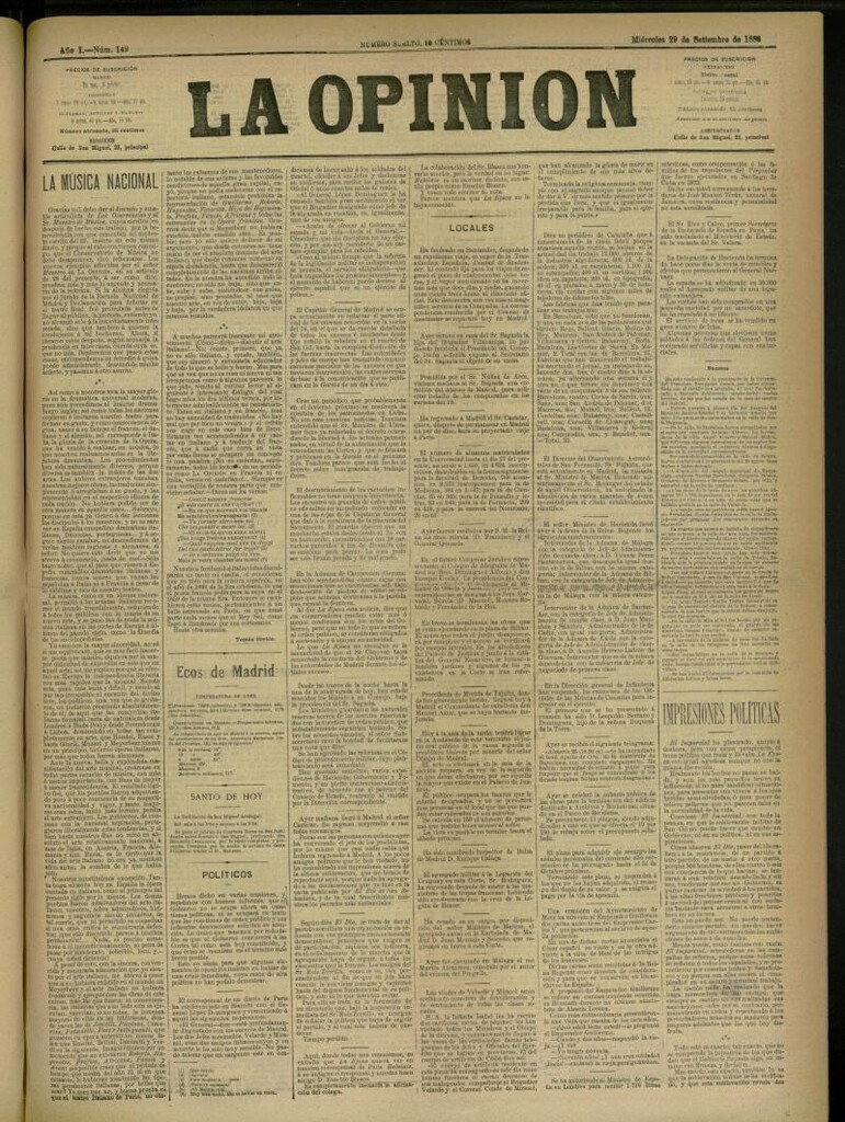 Miniatura de La Opinión del 29 de septiembre de 1886, nº 149