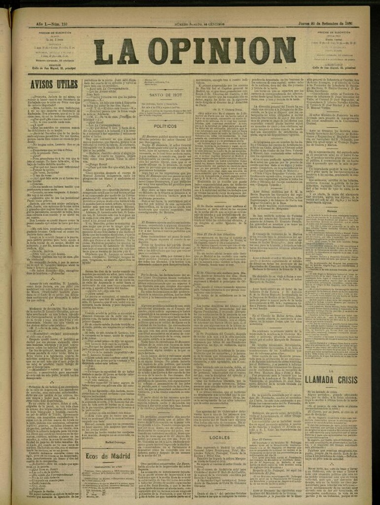Miniatura de La Opinión del 30 de septiembre de 1886, nº 150