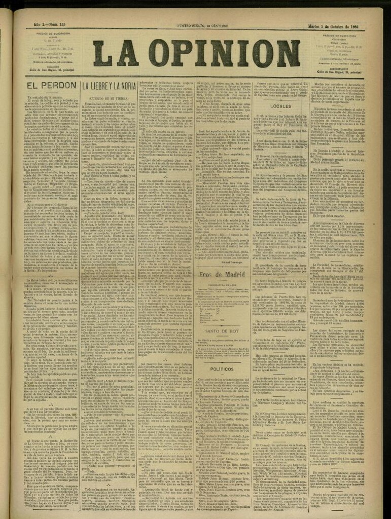 Miniatura de La Opinión del 5 de octubre de 1886, nº 155