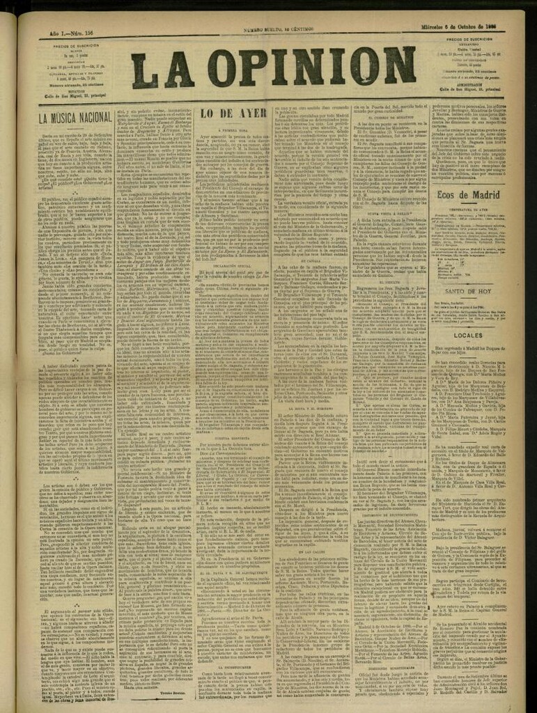 Miniatura de La Opinión del 6 de octubre de 1886, nº 156