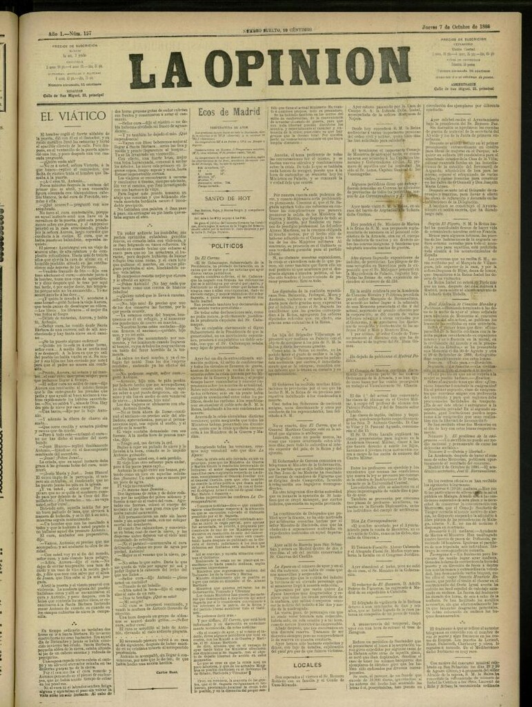 Miniatura de La Opinión del 7 de octubre de 1886, nº 157