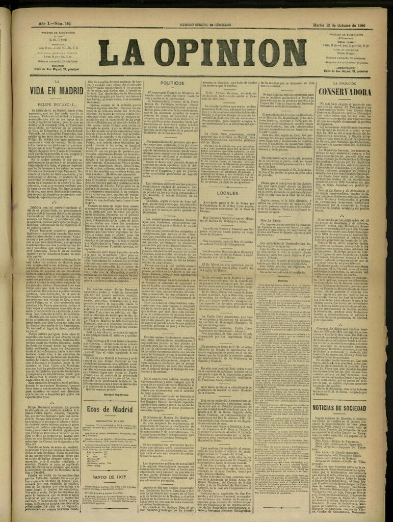 Miniatura de La Opinión del 12 de octubre de 1886, nº 162
