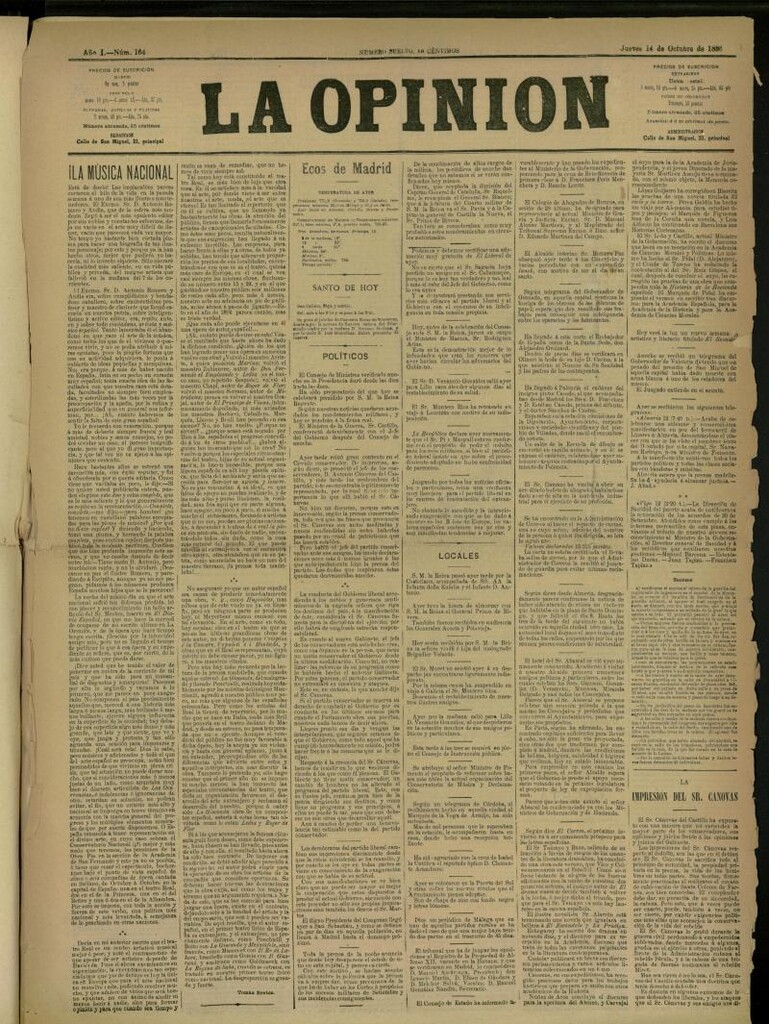 Miniatura de La Opinión del 14 de octubre de 1886, nº 164