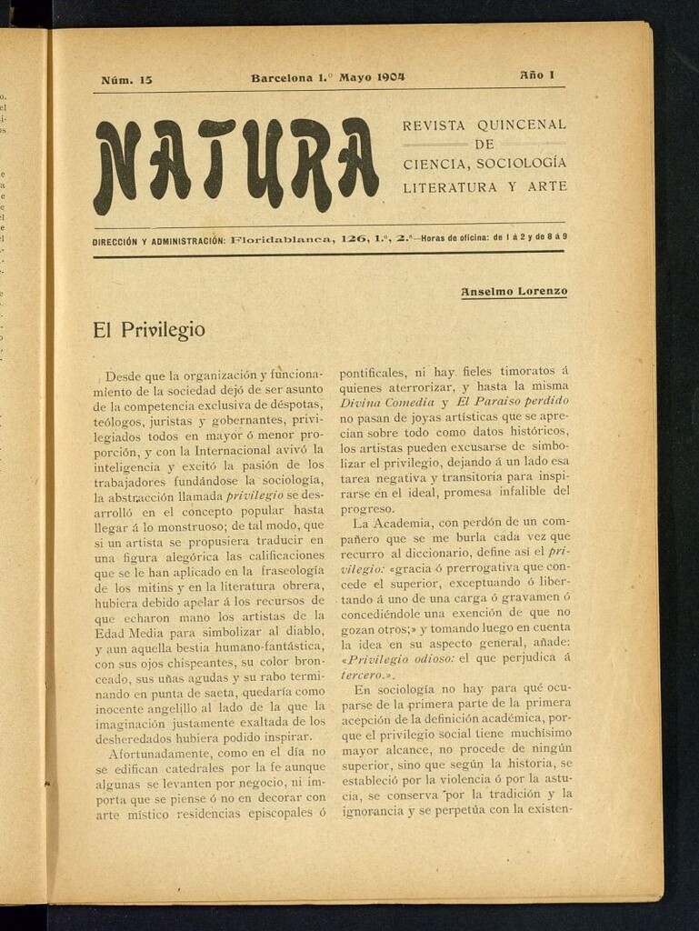 Miniatura de Natura : revista quincenal de ciencia, sociología, literatura y arte del 1 de mayo de 1904