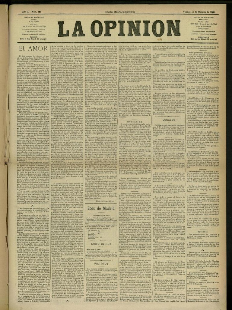 Miniatura de La Opinión del 15 de octubre de 1886, nº 165