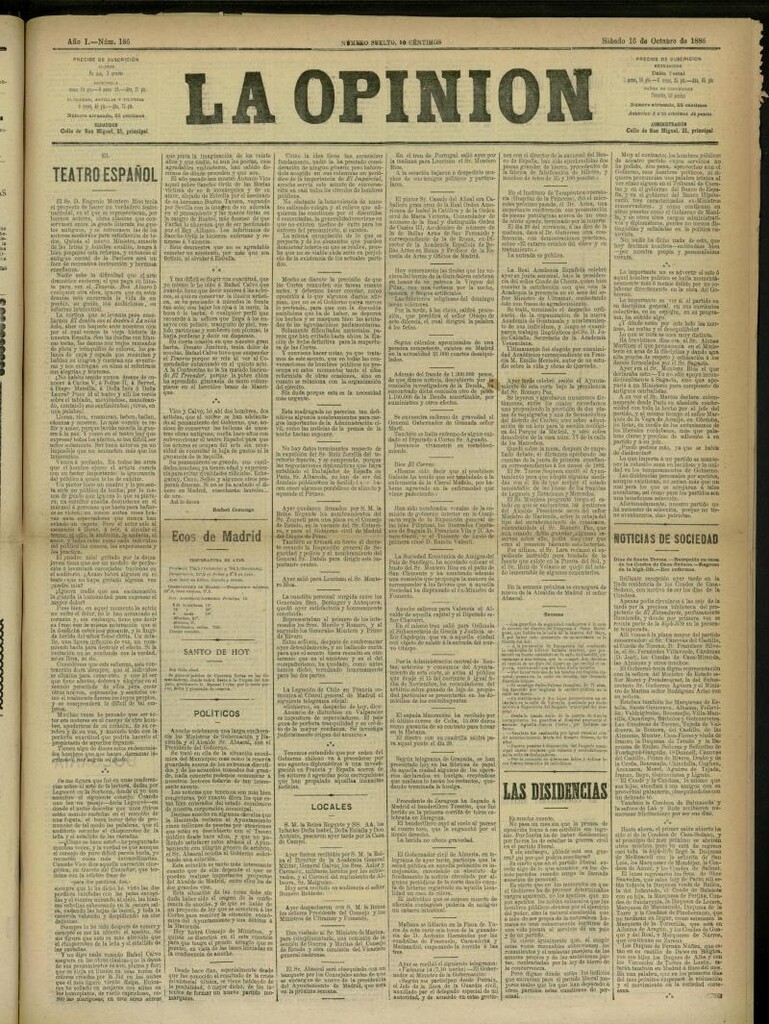 Miniatura de La Opinión del 16 de octubre de 1886, nº 166