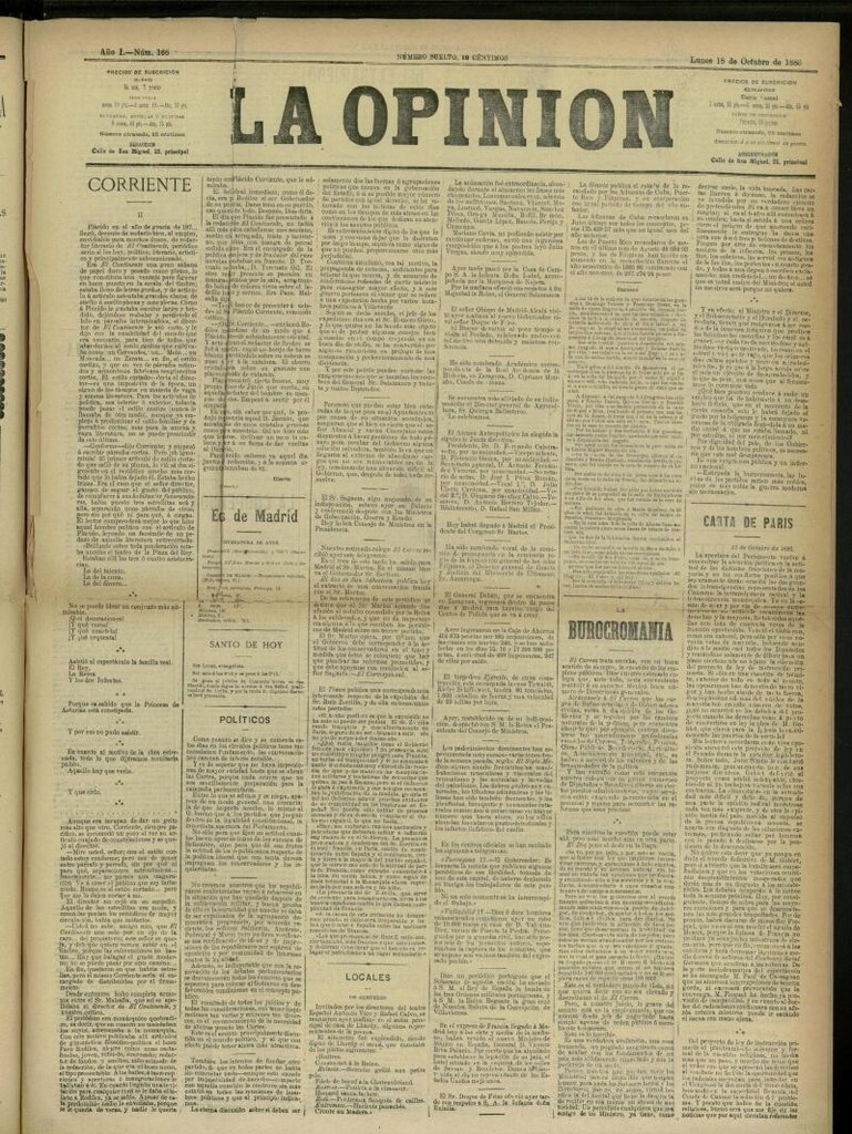 Miniatura de La Opinión del 18 de octubre de 1886, nº 168