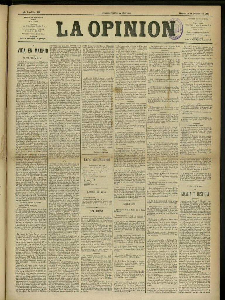 Miniatura de La Opinión del 19 de octubre de 1886, nº 169