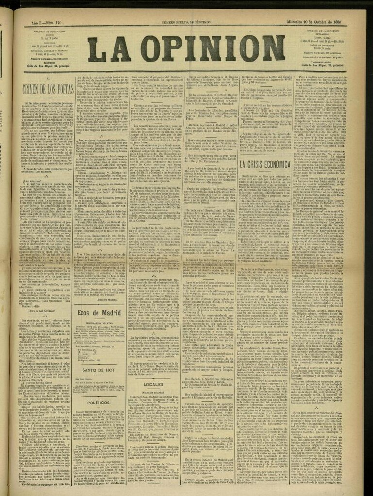 Miniatura de La Opinión del 20 de octubre de 1886, nº 170