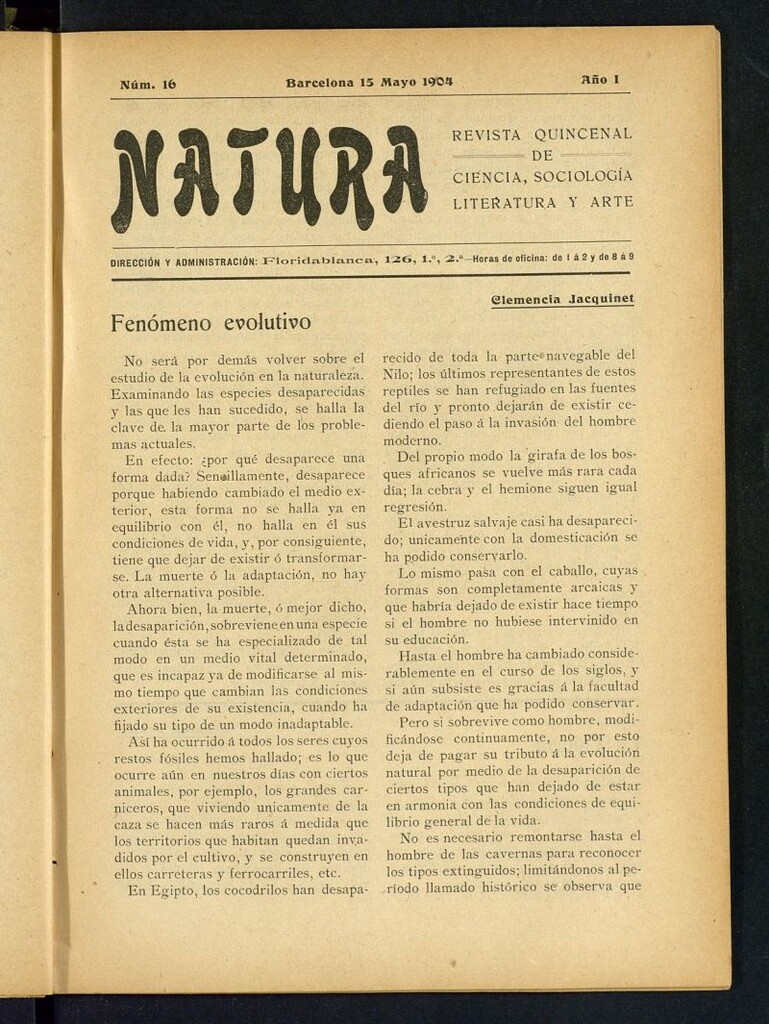 Miniatura de Natura : revista quincenal de ciencia, sociología, literatura y arte del 15 de mayo de 1904