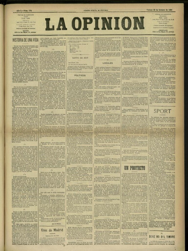 Miniatura de La Opinión del 22 de octubre de 1886, nº 172