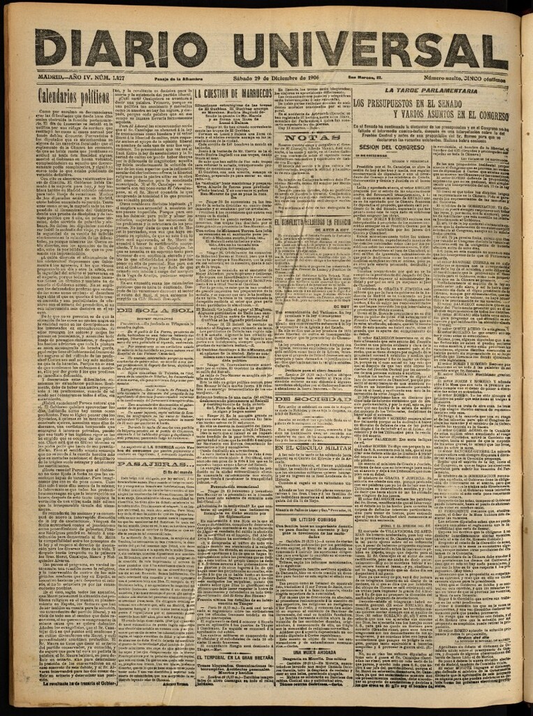 Miniatura de Diario Universal del 29 de diciembre de 1906, edición de noche