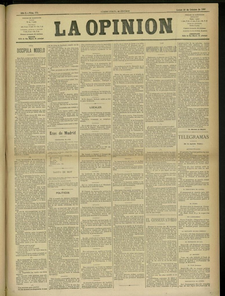 Miniatura de La Opinión del 26 de octubre de 1886, nº 175 [sic]