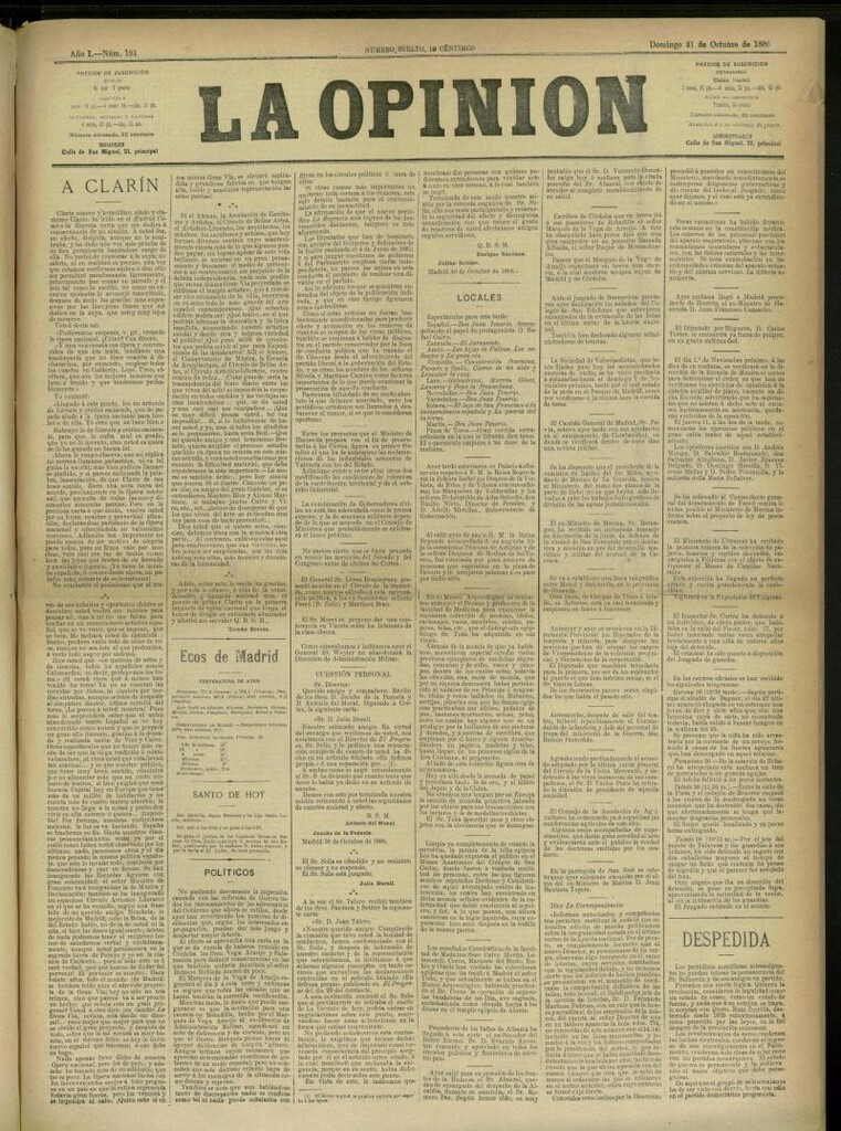 Miniatura de La Opinión del 31 de octubre de 1886, nº 181