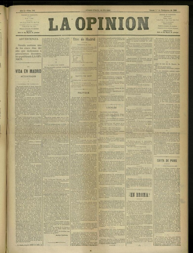 Miniatura de La Opinión del 1 de noviembre de 1886, nº 182