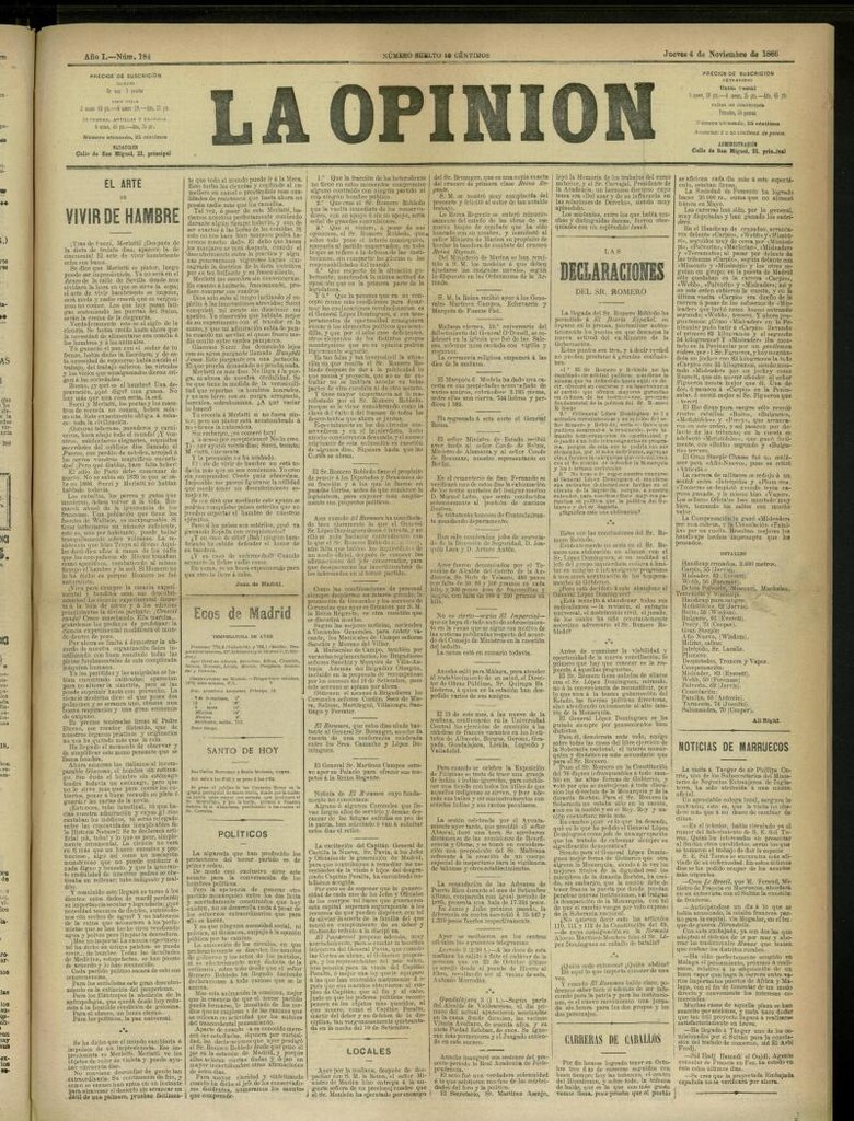 Miniatura de La Opinión del 4 de noviembre de 1886, nº 184