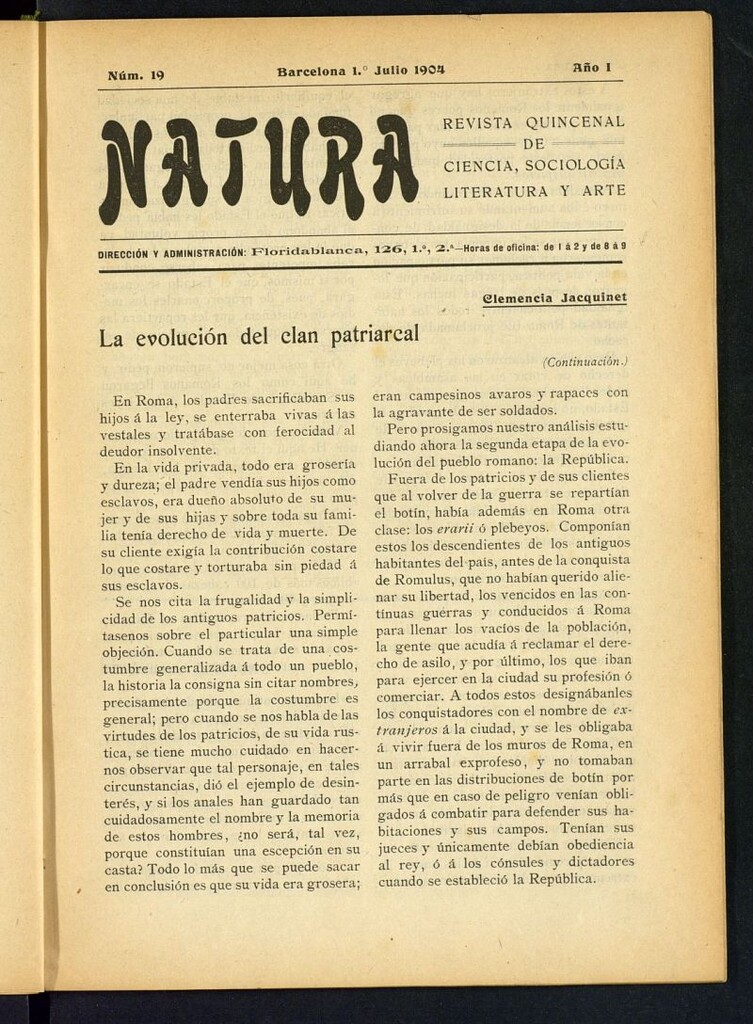 Miniatura de Natura : revista quincenal de ciencia, sociología, literatura y arte del 1 de julio de 1904