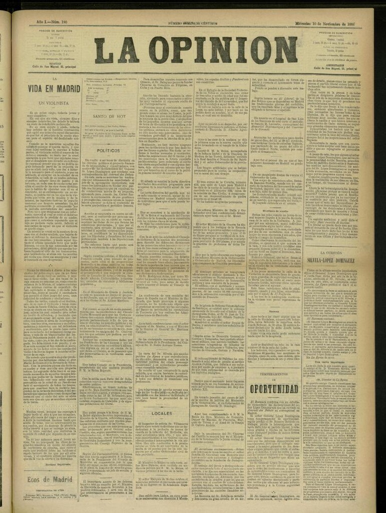 Miniatura de La Opinión del 10 de noviembre de 1886, nº 190