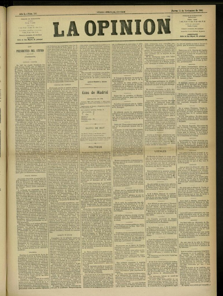 Miniatura de La Opinión del 11 de noviembre de 1886, nº 191